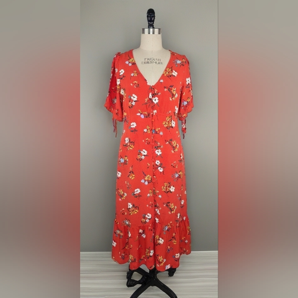 Maeve by Anthropologie Eudora Orange Floral Button Front Midi Dress Size 6 - Picture 2 of 13